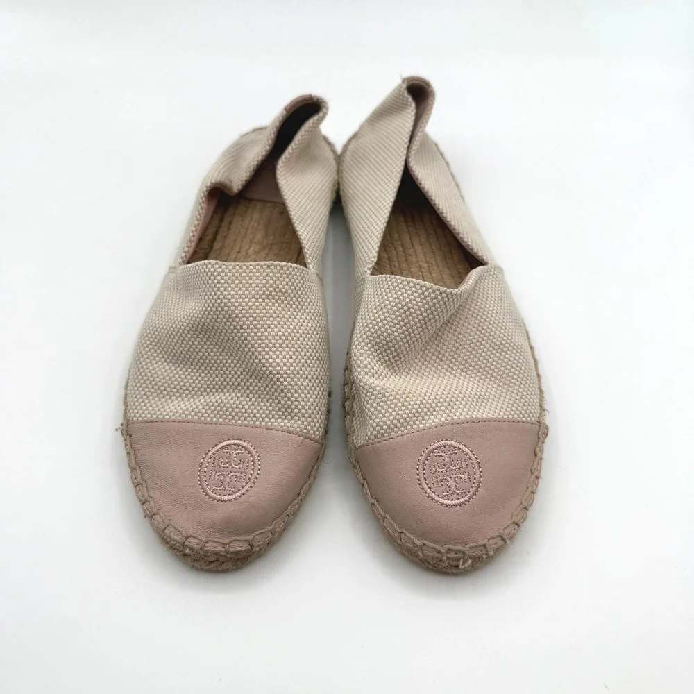 Tory Burch Espadrilles Women 8 Beige Pink Leather Logo Toe Cap Flat Slip On Shoe